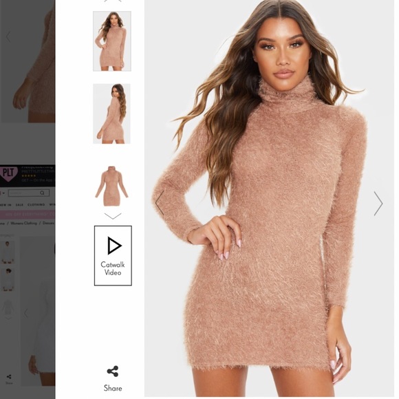 Plt CAMEL EYELASH COWL NECK BODYCON JUMPER DRESS - Picture 3 of 4